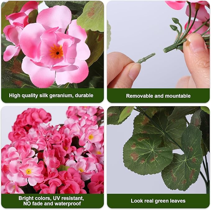 Artificial Geranium Fake Flowers for Outdoors Decoration, 6 Bundles Silk Geraniums Flower UV Resistant Look Real Faux Plants for Front Door Garden Porch Planter Patio Balcony Yard Indoor Home, Mix
