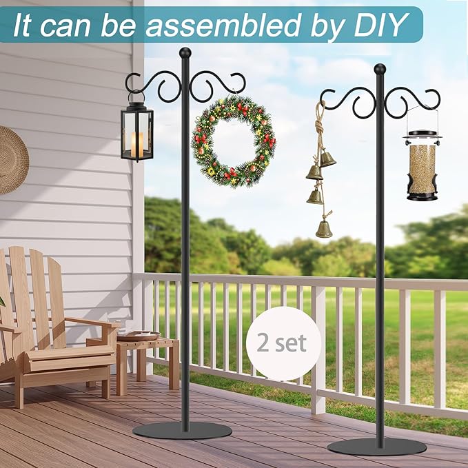 Vorriop 2 Set Shepherd's Hook Stand Plant，Bird Feeder，Wind Chime Hanger Stand, Waterproof Metal & Adjustable-Height Standing Pole Holder for Lantern and Wreath, Indoor & Outdoor