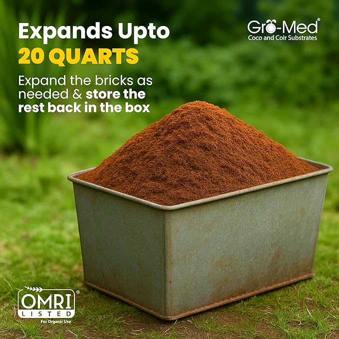 Gro-Med Coco Coir Brick 2s Pack – 1.4 lb Each,Expands to 20 Quarts, Enriched with NPK, Organic Potting Soil Mix for Plants, Seed Starting,Herbs,Flowers and Ideal Reptile Bedding for Snakes & Terrarium