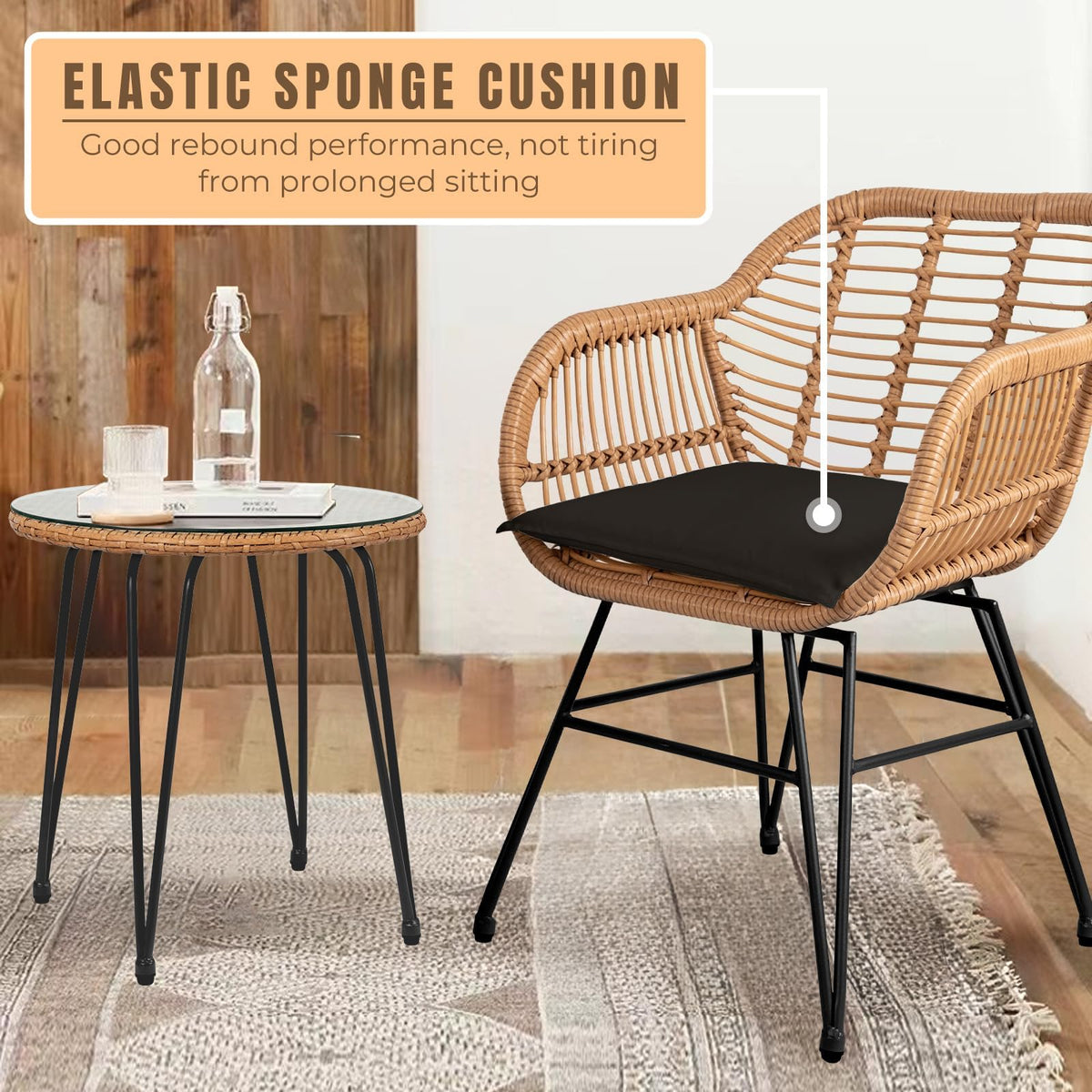 HOMEZILLIONS 3 Piece Outdoor Wicker Furniture Bistro Set, Rattan Chairs Conversation Sets Wicker Patio Furniture for Balcony Poolside Backyard, Black