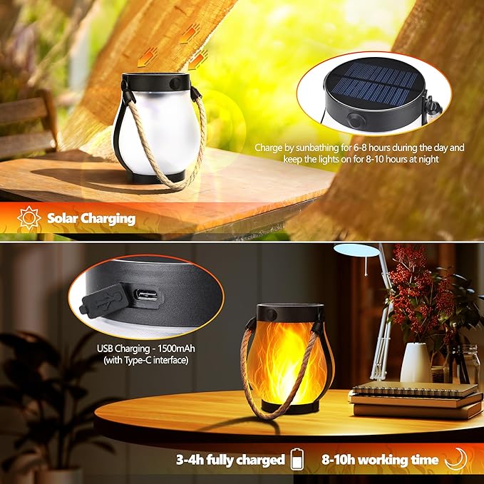 Solar Flame Lantern Hanging Outdoor Waterproof - 2 Pack Flame Lanterns with Dual Charging Modes of Solar & USB for Garden or Yard Christmas Decorations (Warm White - 2 Pack)