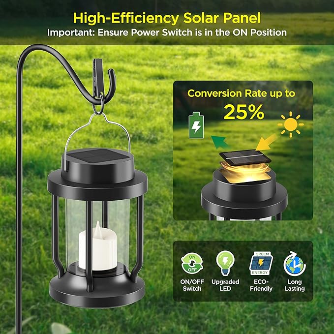 Solar Lantern Outdoor Indoor Use – Hanging Solar Lights with Realistic Flickering Flameless Candle, Weatherproof for Garden Decor, Patios, Trees, and Lawns (Black, 2 Pack)
