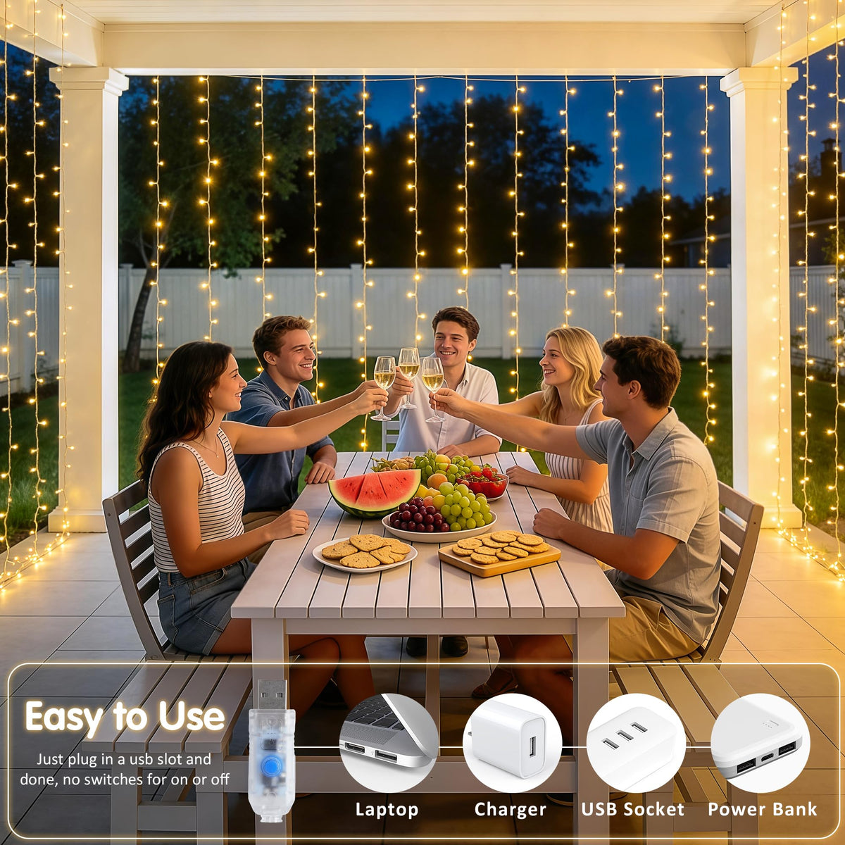 JMEXSUSS USB Plug in Curtain Lights 200 LED with 8 Modes, 6.5ftx6.5ft