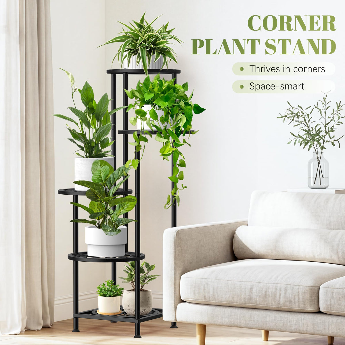 YOCOMEY 5 Tier Plant Stand Indoor Outdoor, Metal Shelf Holder Corner Black