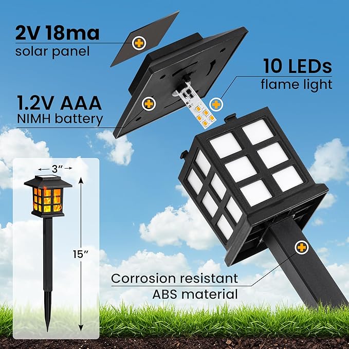 GIGALUMI Solar Lights for Outside,10 Pack Flickering Flame LED Solar Outdoor Lights, Waterproof Solar Garden Lights Maintain 10 Hours of Lighting for Christmas, Garden, Landscape, Path, Yard, Patio