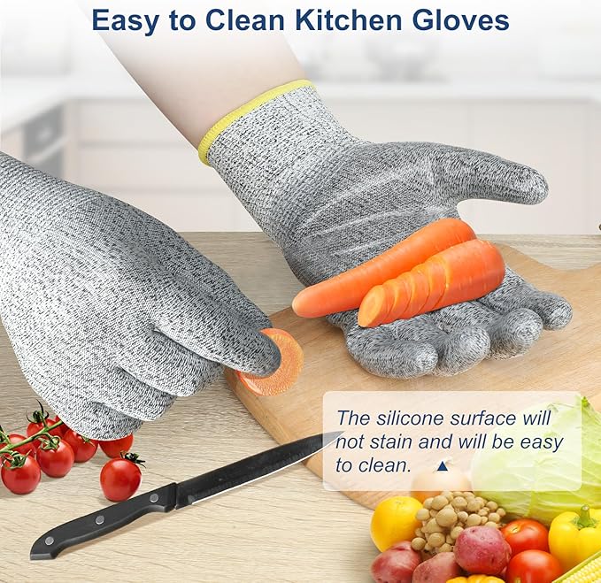 Dowellife Level 5 Cut Resistant Gloves with Silicone Coating, Food Grade Kitchen Knife Safety Gloves, Work Gloves for Chef, Mandoline Oyster Shucking Meat Cutting Wood Carving (Gray Small)