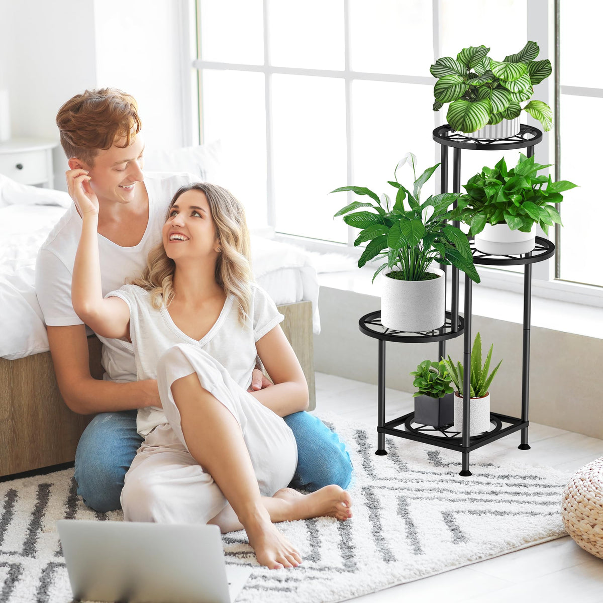 YOCOMEY 4 Tier Plant Stand Indoor Outdoor, Metal Shelf Holder Corner Black