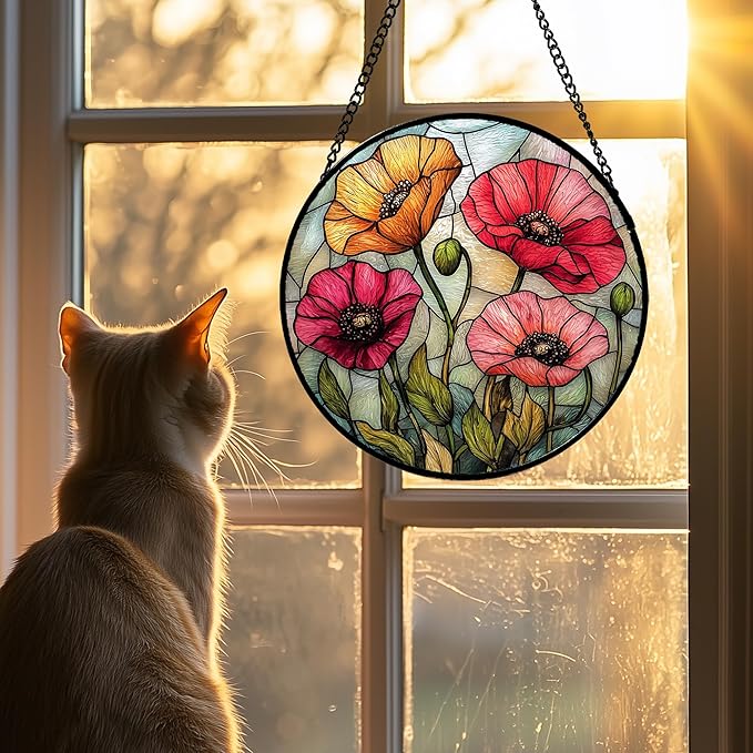 AMDERVEN Stained Glass Window Hanging, Red Orange Poppy Birth Flowers Sun Catcher for Door Garden Yard Decor Wildflowers Suncatcher Christmas Mother Birthday Gifts for Women Men Mom Nana 15 in