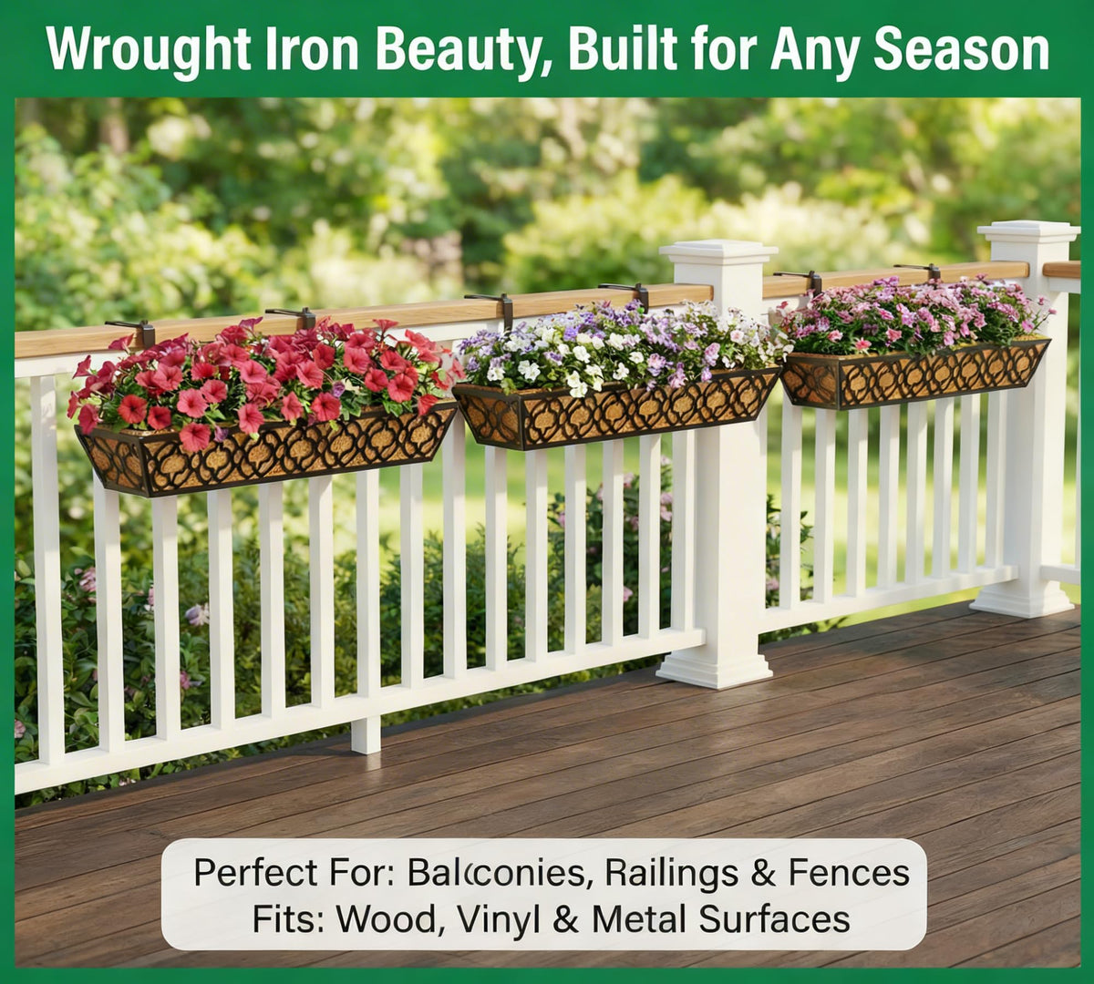 Y&M 4Pcs 30'' Railing Planter Box Set with Coconut Coir Liner, Flower Boxes with Adjustable Brackets, Large Metal Hanging Window Boxes for Fence, Deck, Balcony, and Outdoor Garden