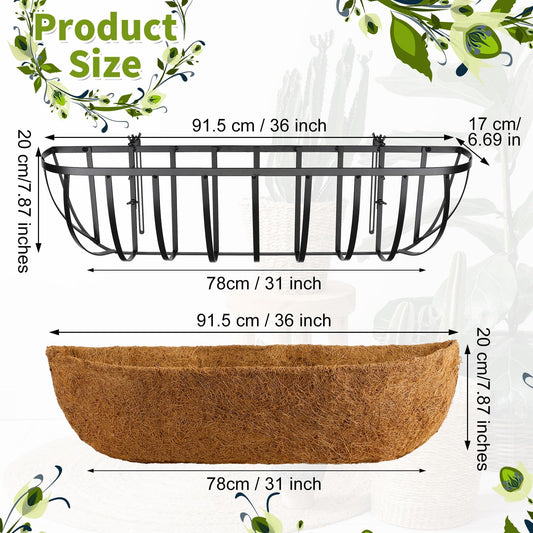 Tessco for you 2 Pieces Railing Planter Boxes, 36 Inches Window Box Planters with Coco Liner and Adjustable Brackets for Deck Porch Fence Patio Balcony Gardening Outdoor Plants