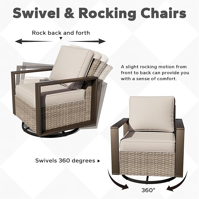 Outdoor Patio Swivel Rocker Chairs, 6 Pieces Wicker Furniture Set, 2 Swivel Rocking Chairs, 2 Sofa and 2 Ottoman, Metal Wide Armrest, Thick Cushions and Deep Seating for Garden, Backyard, Porch, Deck