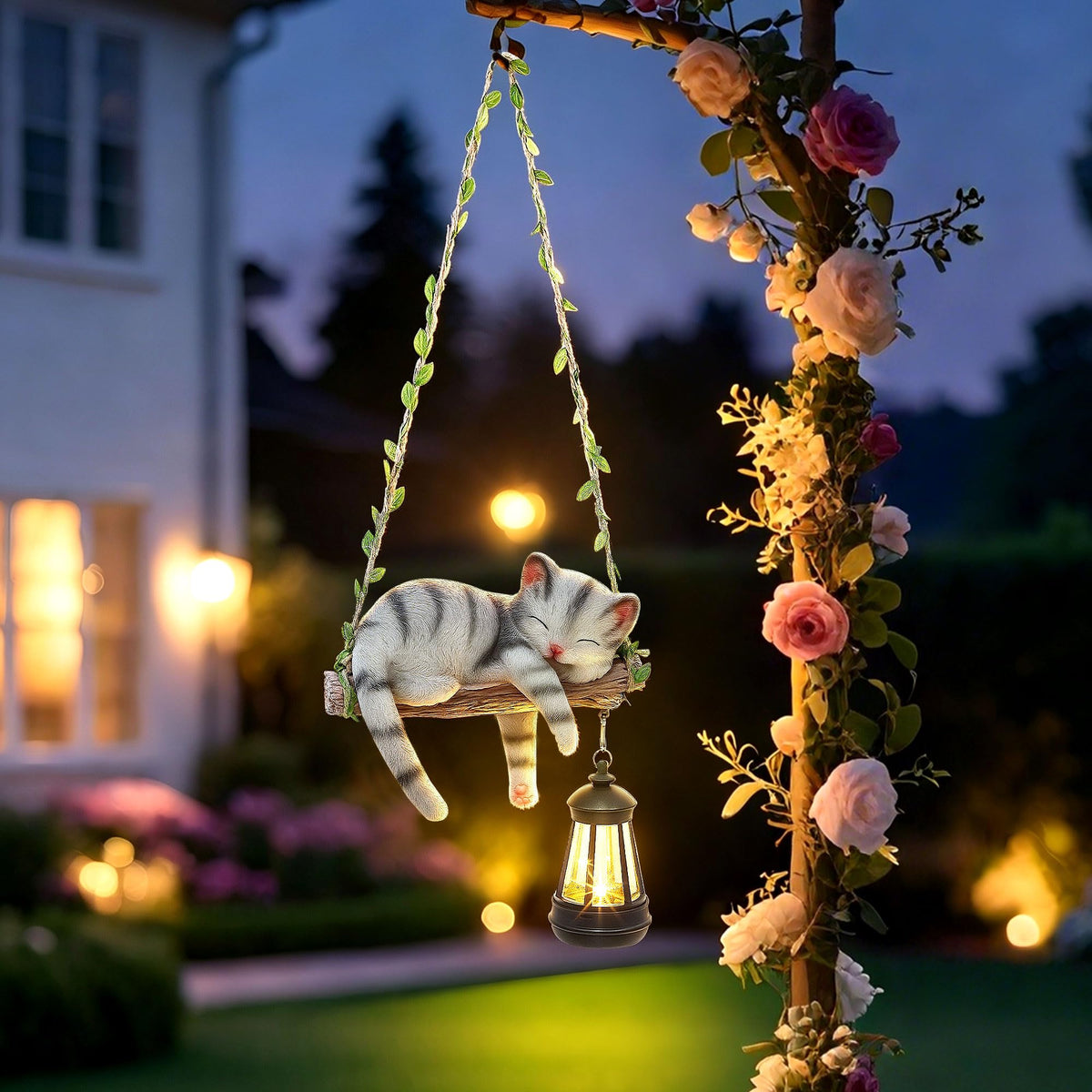 ZaaYee Solar Lighted Garden Outdoor Statue, Hanging Swing Lying Style