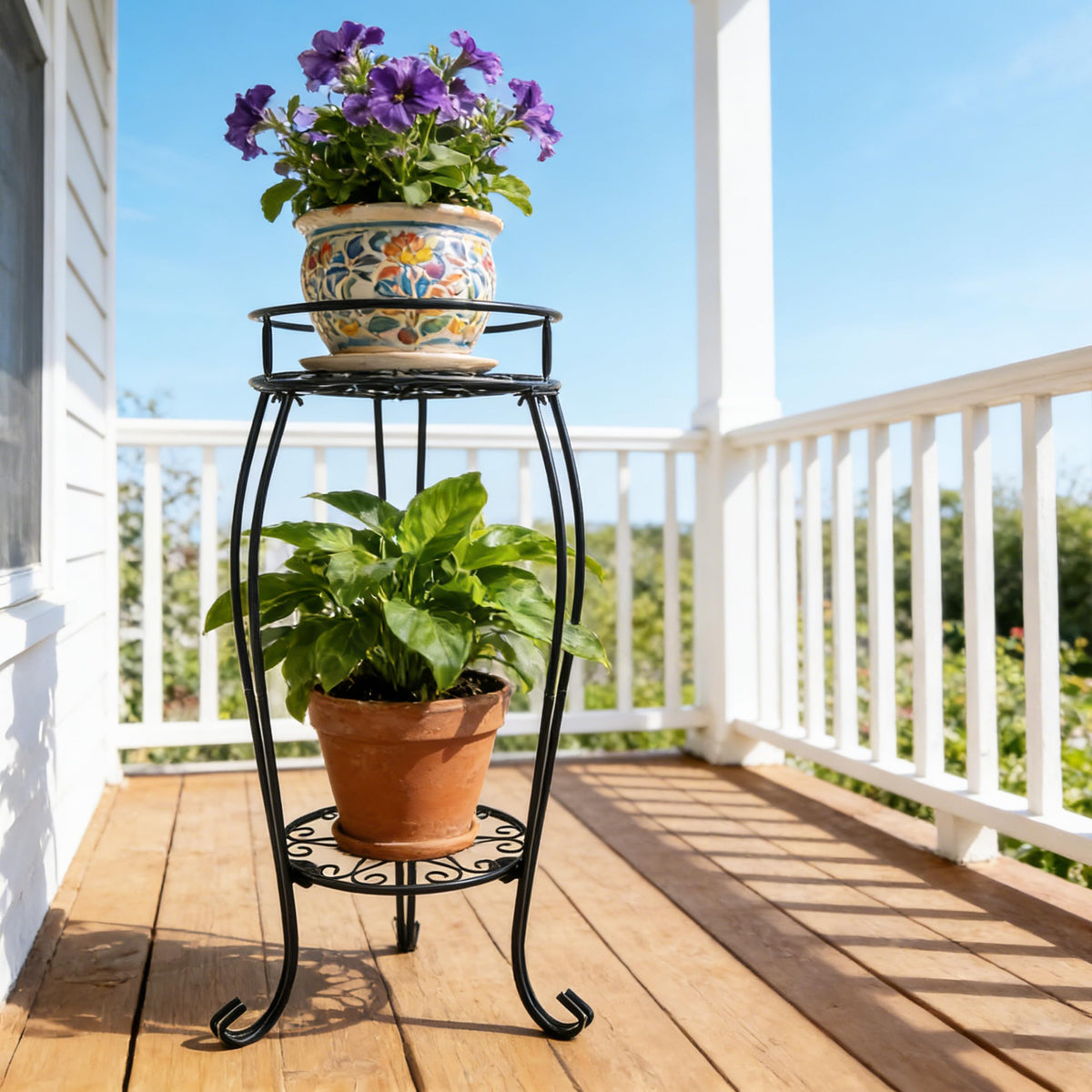CASIMR 2 Tier Plant Stand, 26.8 inch Tall Metal Potted Holder Rack,Indoor Outdoor Multiple Flower Pot Shelf Rustproof Iron Garden Container for Garden Patio Living Room Corner Balcony, Black