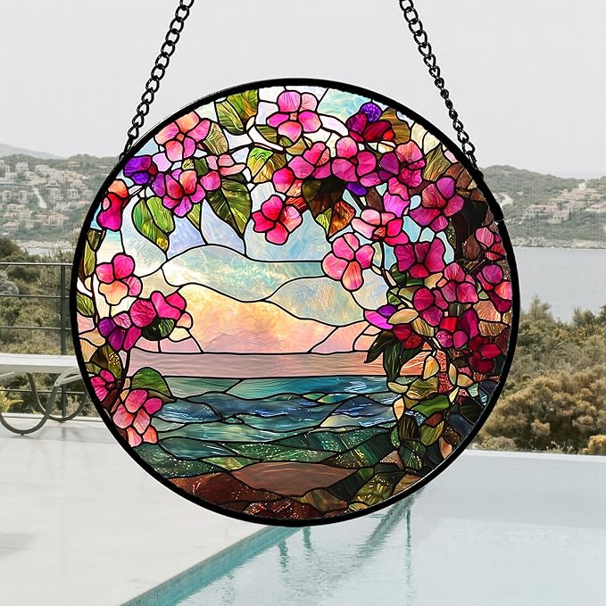 AMDERVEN Stained Glass Window Hanging, Purple Flower Landscape Wreath Sun Catcher for Door Home Decor Plants Suncatcher Christmas Mother's Day Birthday Gifts for Women Men Mom Nana 15 in