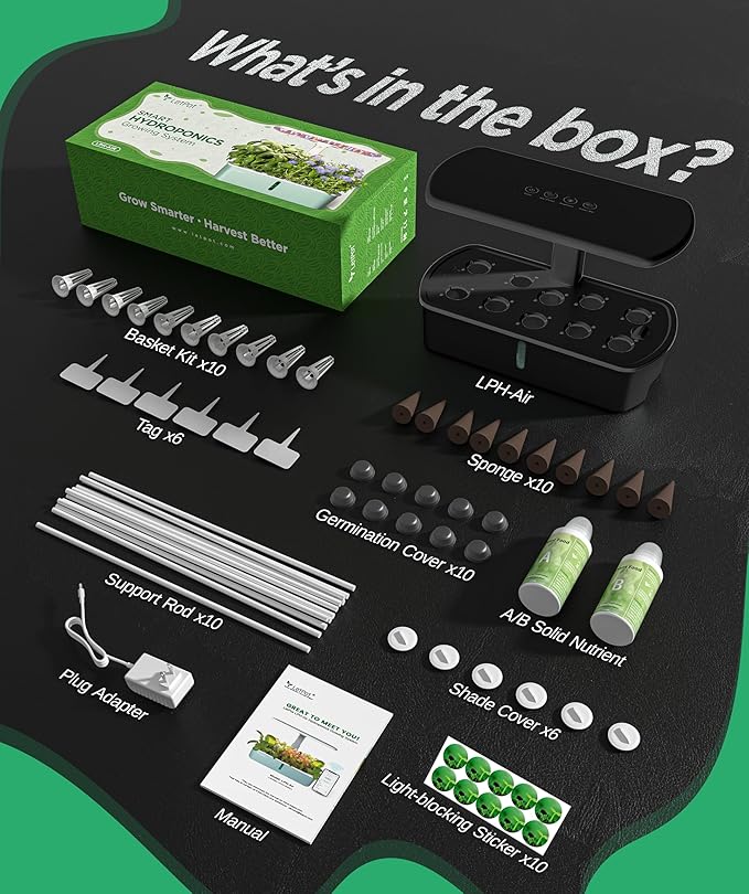 LETPOT LPH-Air Hydroponics Growing System Kits, APP & WiFi Controlled Smart Indoor Garden with 24W Grow Light Full Spectrum, 10 Pods Planter Indoor Gardening for Gifts, Kitchen, Vegetable (Black)