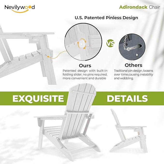 nevilywood Folding Adirondack Chair with Cup Holder Set of 4, HDPE Patio Chairs,All-Weather Outdoor Chairs for Backyard, Deck,Fire Pit-White
