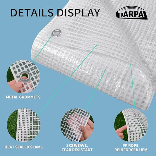 TARPAL 6'x10' Clear White Tarp Heavy Duty Waterproof 12mil with Grommets or Zip Ties for Small Greenhouse for Outdoors Garden,Farm,Chicken Coops