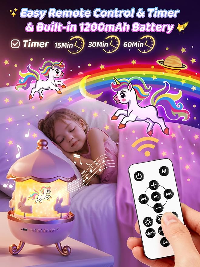 Carousel Night Light for Kids, 15 Music+15 Films+315 Colors Star Projector for Kids Night Light Projector,360°+Remote+1200mah Unicorn Toys for Girls Room Decor, Valentines Gifts for Kids, Girls, Baby