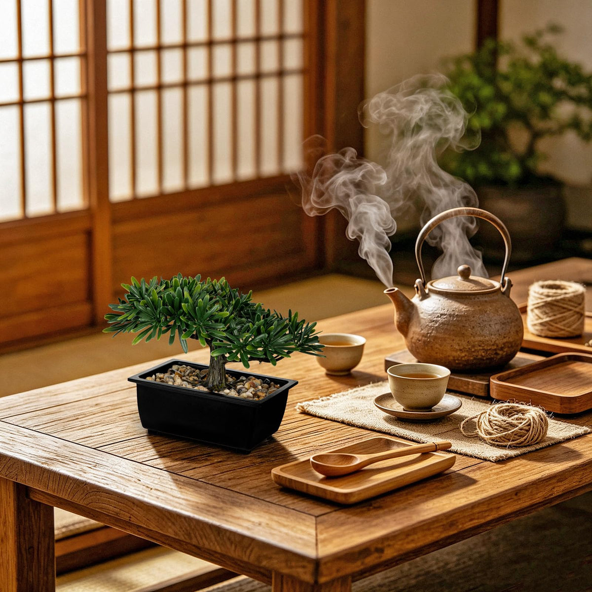Artificial Bonsai Tree, Faux Ficus Plant with Pebbles, Zen Desk Decor