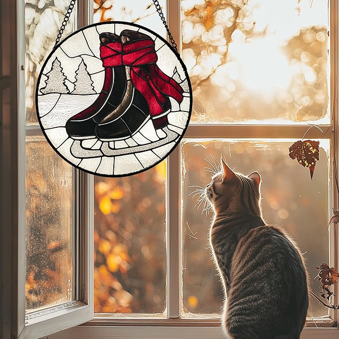 AMDERVEN Stained Glass Window Hanging 4 Pcs Set Winter Skiing Red Christmas House 6.3" - Suncatcher Door Garden Sun Catcher Decor Birthday Mother's Day for Mom Woman Nana Friend