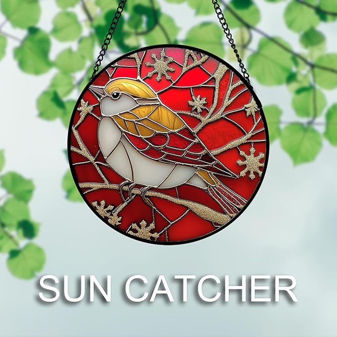 Stained Glass Window Hanging 4 Pcs Set Red Christmas Themed Decorations Large 11.8" - Suncatcher Door Garden Sun Catcher Decor Birthday New Year for Mom Woman Nana Men