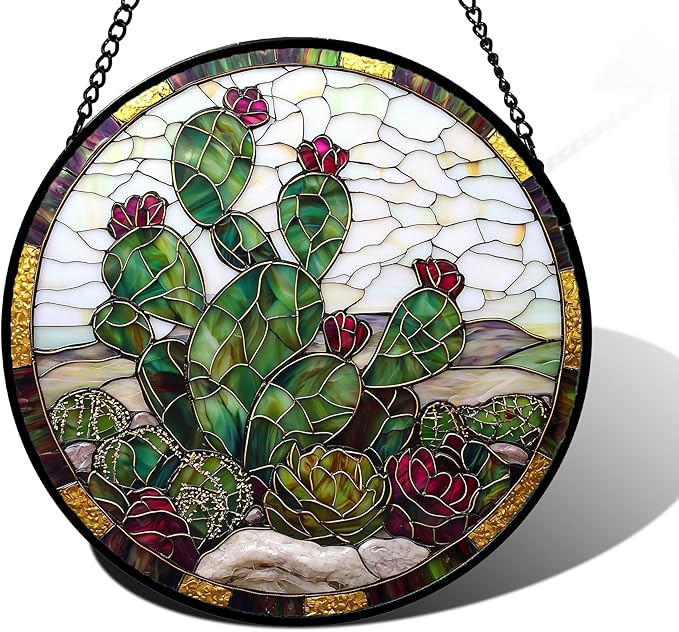 Stained Glass Window Hanging,Green Cactus Purple Flowers Suncatcher Diamond Glass Panel Sun Catchers Decor for Birthday for Women, Men, Wife, Aunt, and Mom 7.8 in