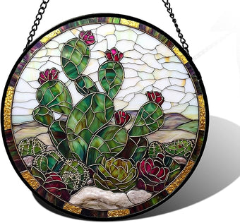Stained Glass Window Hanging,Green Cactus Purple Flowers Suncatcher Diamond Glass Panel Sun Catchers Decor for Birthday for Women, Men, Wife, Aunt, and Mom 9.8 in