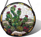 Stained Glass Window Hanging,Green Cactus Purple Flowers Suncatcher Diamond Glass Panel Sun Catchers Decor for Birthday for Women, Men, Wife, Aunt, and Mom 6.3 in