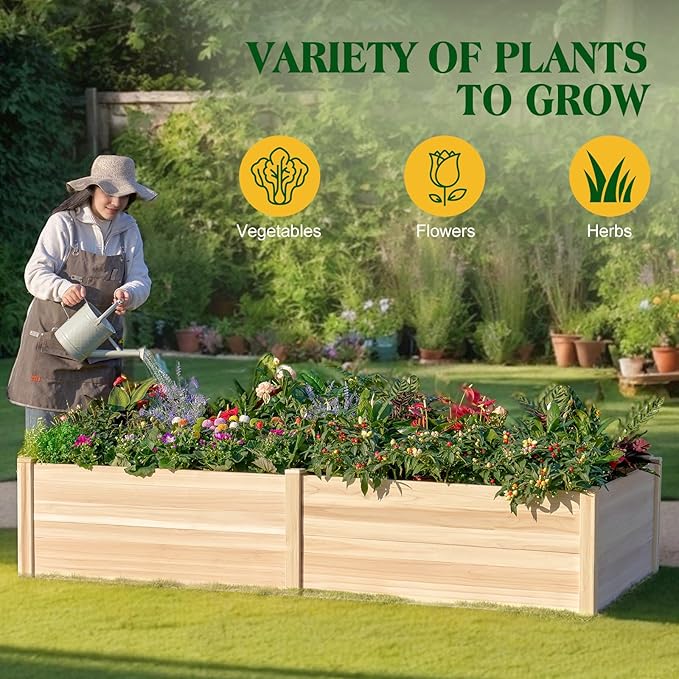 SPECRAFT 8x4 Ft Wood Raised Garden Bed, Durable 15 Inch Depth Planter Box for Vegetables, Herbs, and Flowers, Ideal for Outdoor Gardening with Open Base
