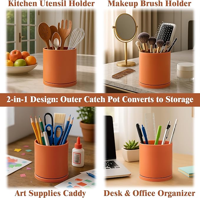 D'vine Dev Double-Layer Planter Set – Rotating Plastic Cachepot with Clear Inner Liner for Root Health, Perfect for Indoor Plants, 4.5", Pumpkin, 73-U-E-1