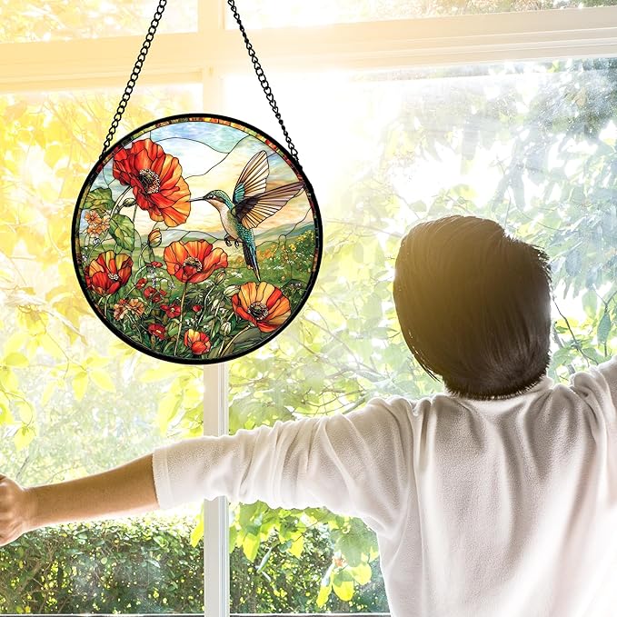 DASTOLL Stained Glass Window Hanging, Hummingbirds Orange Flowers Suncatcher Diamond Glass Panel Hangings Sun Catchers Decor for Birthday for Women, Men, Wife, Aunt, and Mom 7.8 in