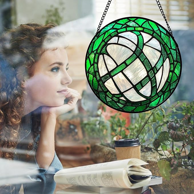 QZQCBLC Stained Glass Window Hanging Green Plants 6.3" - Abstract Suncatcher Door Garden Sun Catcher Home Ireland Decor Birthday Mother's St Patrick's Day Gifts for Mom Men Woman Wife Friends