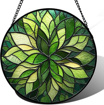 HWRHTR Stained Glass Window Hanging - Green Gradient Flowers Suncatcher for Doors Window Home Plant Sun Catchers Decor Christmas Mother's Day Birthday Gifts for Teacher Women Men Mom Nana 7.8 in