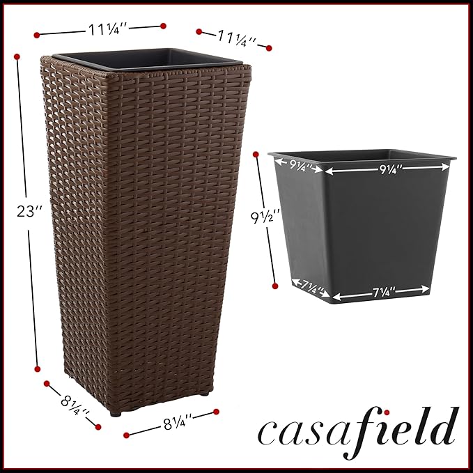 Casafield Set of 2 All-Weather Outdoor Planters with Liners, Tall Tapered Plant Boxes with Flower Pots for Front Porch, Patio, Garden - Espresso