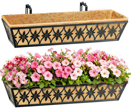 30 Inch Window Boxes Planters Railing Planter Box - 2 Pack Deck Railing Planter Boxes with Adjustable Brackets Coco Liners Balcony Planters Railing Hanging for Window Flower Boxes Outdoor Garden Decor