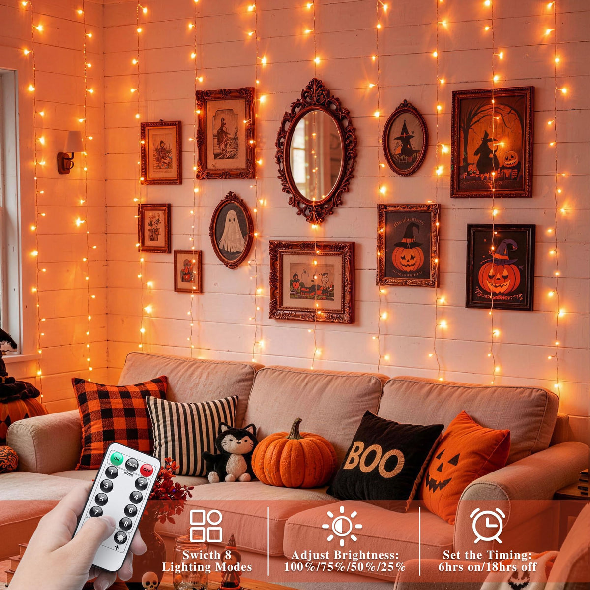 JMEXSUSS 200 LED Orange Halloween Curtain Lights