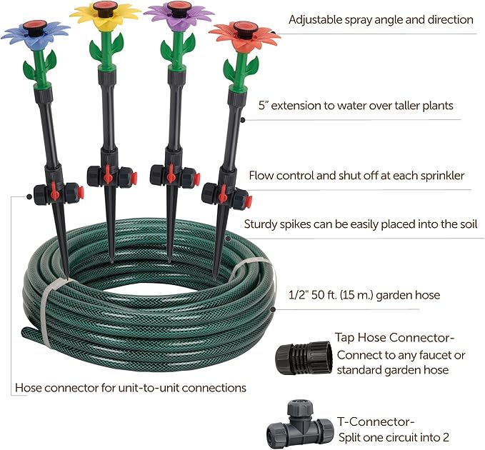 Eden 97065 Daisy Above-Ground 50 Ft Garden Hose and Sprinkler System, DIY Plant Watering Set