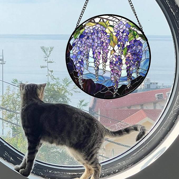 AMDERVEN Stained Glass Window Hanging, Wisteria Flower Sun Catcher for Door Home Decor Purple and Blue Suncatcher Christmas Mother's Day Birthday Gifts for Women Men Mom and Nana 11.8 in