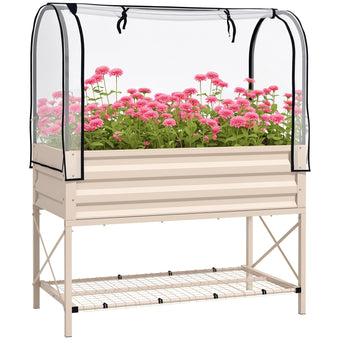 Outsunny Raised Garden Bed with Cover and Storage Shelf, Cream
