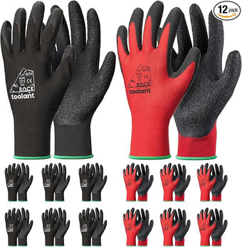 toolant Crinkle Latex Work Gloves Bulk, Rubber Coated Safety Work Gloves for Men and Women, 12 Pairs for Construction, Gardening, Warehouse (Black & Red, Medium)