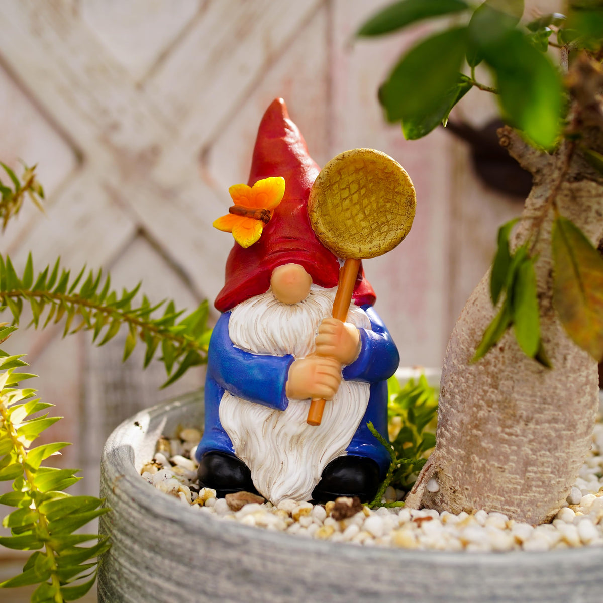 Garden Gnome Statue with Butterfly Net, Garden Decor