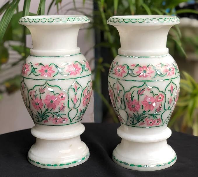 Set of 2 Handmade Marble Flower Vases | 10 Inches Gemstone Inlay Indoor Planters | Luxury Giftable Marble Plant Pots | Decorative Plant Containers