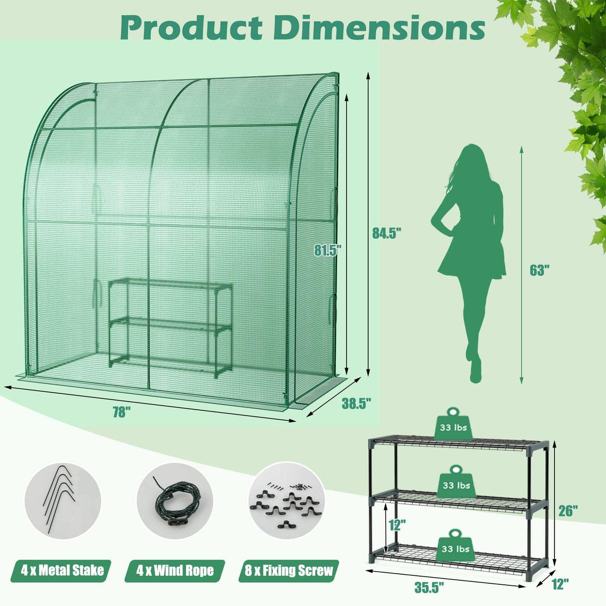 Graffy 7'x3.5’x7' Lean to Greenhouse, Walk in Green House with Shelves & 2 Zipper Doors, Windproof PE Cover, Portable Steel Frame Greenhouses for Outdoors Heavy Duty, Plant Hot House