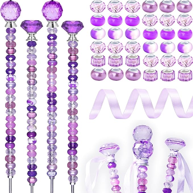 119 Pcs Garden Stake DIY Fairy Wand Plant Stake with Purple Large Hole Beads Crystal Diamond Stopper Top 4 Stainless Steel Threaded Rod Beaded Garden Stakes for Outdoor Indoor Yard Patio Decorations
