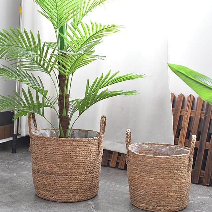 Woven Straw Flower Pot, Sea-Grass Planter Basket, Wicker Rattan Vase Sundries Organizers Storage Bins, Hand Woven Basket Planter with Plastics Liners and Handle - L 8.26x10.63inch