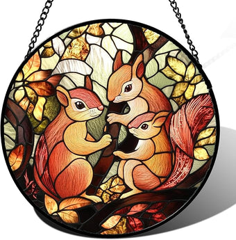 Stained Glass Window Hanging - 3 Cute Squirrels Suncatcher for Doors Garden Patio Sun Catchers Decor Christmas Mother's Day Teenager Birthday Gifts for Women Men Mom Nana Friend 7.8 in