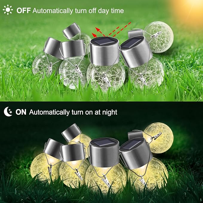 Solar Lights Outdoor Hanging Decorative Globe 8 Pack, Waterproof Solar Lantern with Handle and Clip, Solar Powered Glass Ball Lights for Garden Yard Fence Tree Umbrella Holiday Décor, Warm White