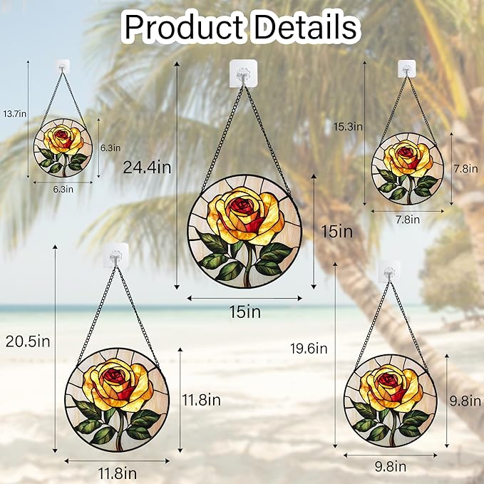 Stained Glass Window Hanging - Elegant Yellow Rose Flower Sun Catcher for Door Garden Home Decor Suncatcher Christmas Mother's Day Birthday Gifts for Women Mom Girl Nana Friend 11.8 in