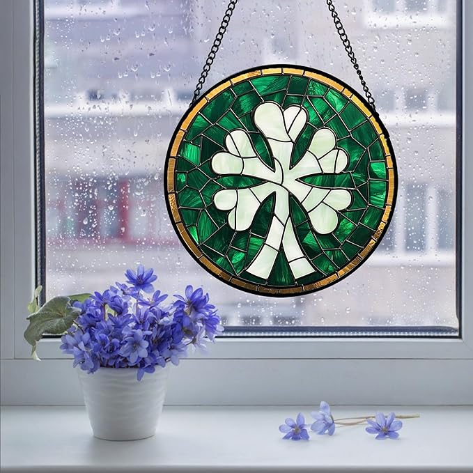 QZQCBLC Stained Glass Window Hanging Green Clover 9.8" - Suncatcher Door Garden Sun Catcher Home Ireland Decor Birthday Mother's Day St Patrick's Day Gifts for Mom Men Woman Wife Friend