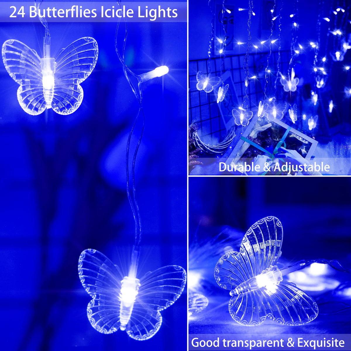 Blue Butterfly Curtain Fairy Lights USB Plug in,120 LED 8 Modes 20FT Firefly Twinkle Icicle String Lights with Remote Timer Waterproof for Bedroom Christmas Wedding Party Dorm Decor
